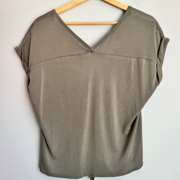Pink Rose Top Size L Olive Green Modal Front Tie Short Sleeve Boho Basic Fall - Picture 8 of 10